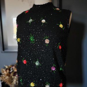 Cyn Les 1950s/60s Hand Beaded & Sequined Floral Motif Wool & Angora Sleeveless S